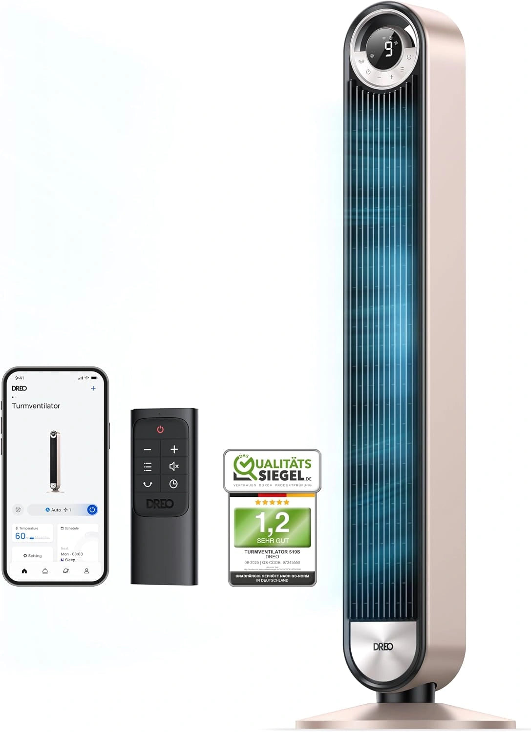 Dreo 25 dB Smart stille torenventilator met koeling, 106 cm wifi Alexa torenventilator, 90° oscillerende ventilator, afstandsbediening, 9 snelheden