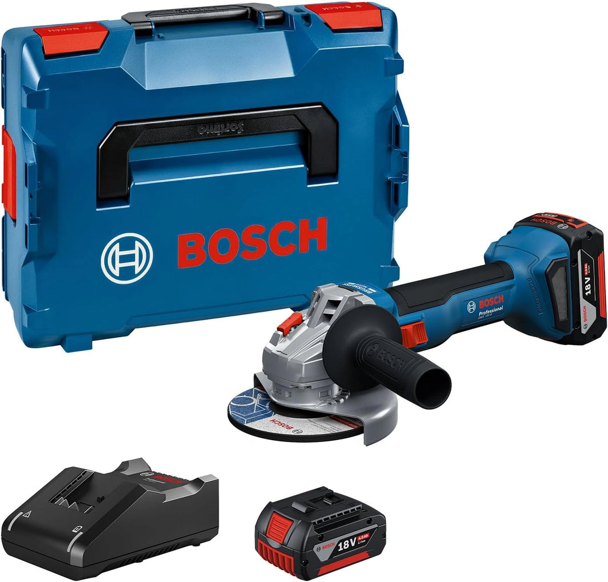 Bosch Professional 18V System haakse accuslijpmachine GWS 18V-8 (schijfdiameter 125 mm, incl. 2 x GBA 4.0Ah-accu, oplader GAL 18V-40, L-BOXX), zwart