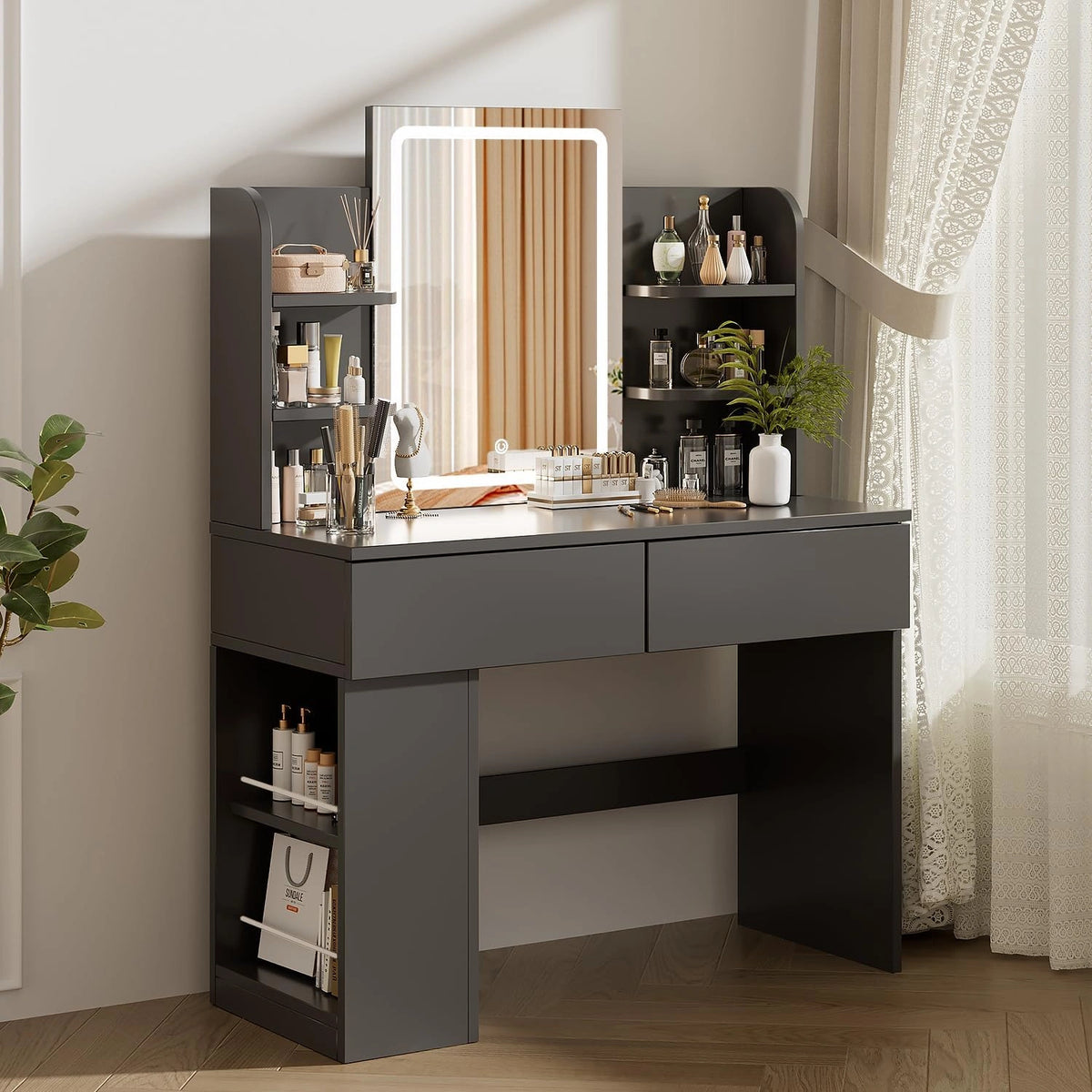 Airfish kaptafel met Verstelbare LED Verlichting en grote spiegel, Make-up Tafel met 2 grote laden, zijopslag, 4 open compartimenten