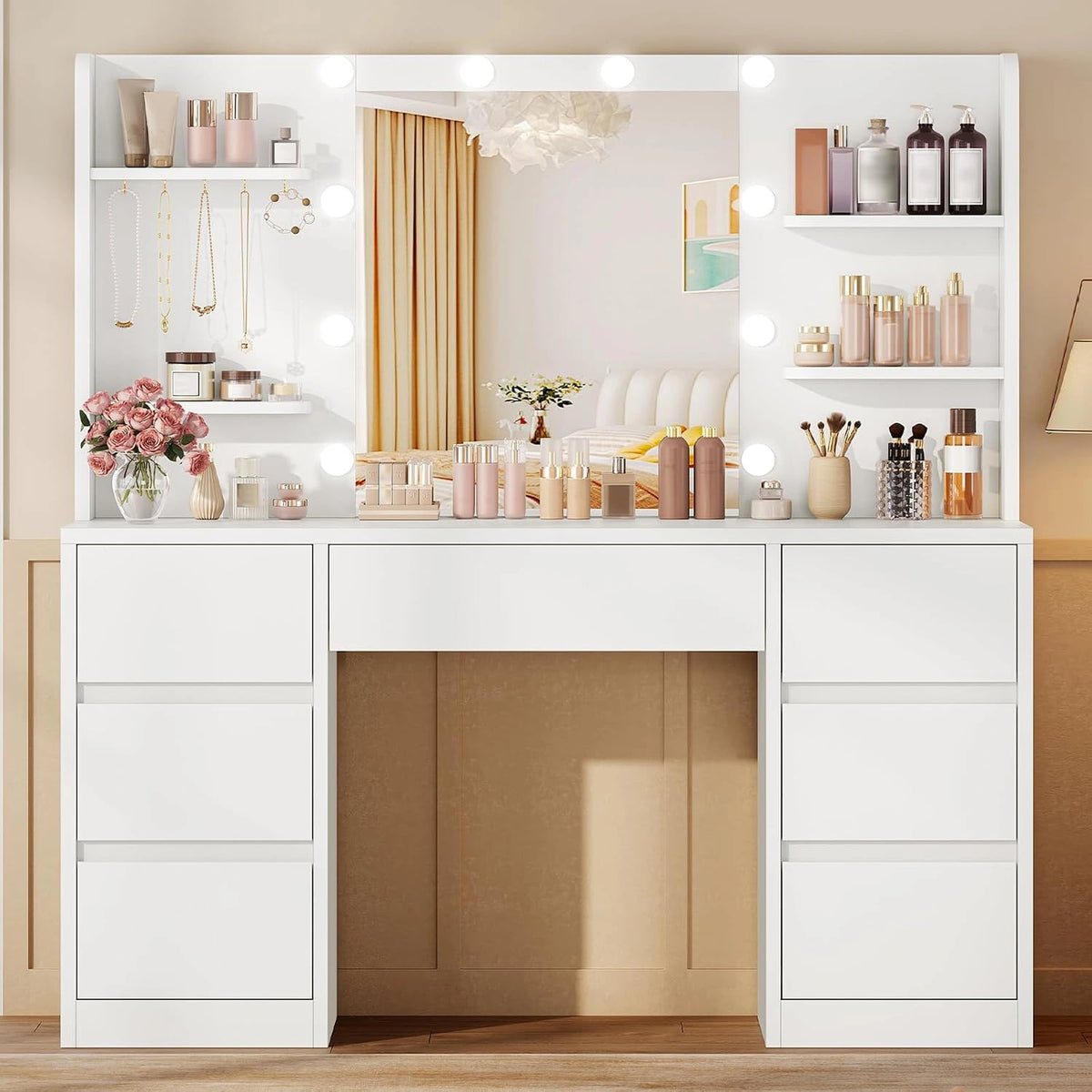 TEENFON Grote Kaptafel met Verstelbare LED Verlichting en Spiegel, Make-uptafel met 7 Lades, 4 Open Planken en 5 Haken