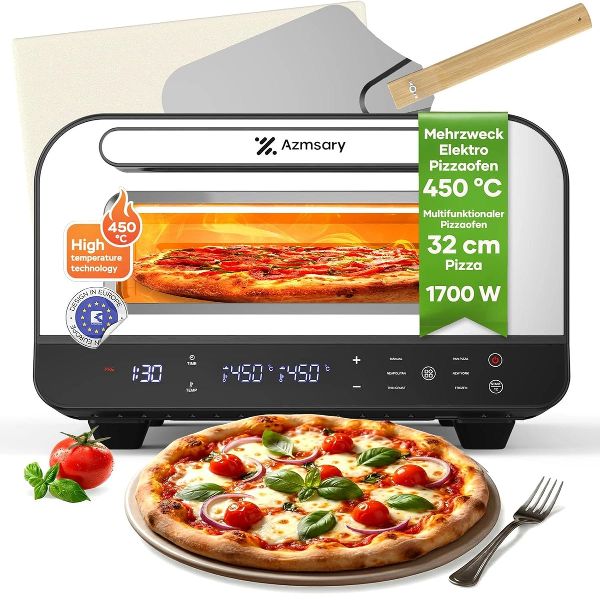 Elektrische pizzaoven, 6 programma's, 1700 W, max. 450 °C, geschikt voor 32 cm pizza's, 5-in-1 multifunctioneel: pizza, grillen, warmhouden