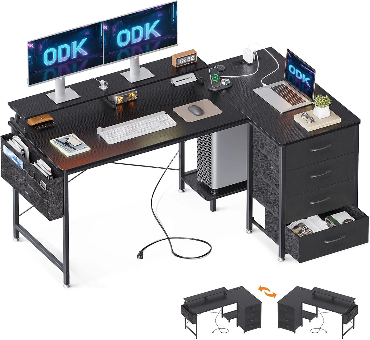 ODK Hoekbureau met 4 Tygladen, 140x80cm, Zwart
