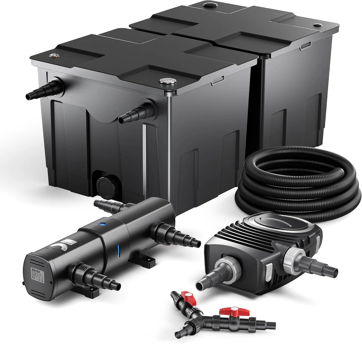 SunSun filterset voor 60.000 l UVC 36 W NEO10000 pomp 80 W slang 25 m vijverfilterset vijver, bruin/zwart