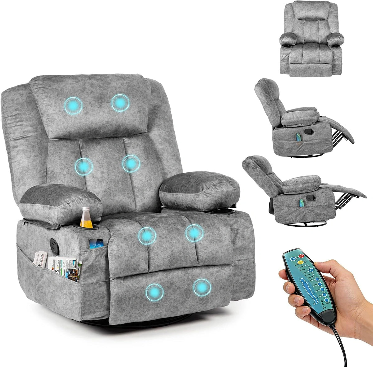 HAUSPROFI Televisiestoel met warmte en massage, relaxstoel met ligfunctie, tv-stoel, woonkamer, 360 graden draaibaar, met 6 zijzakken, bekerhouder
