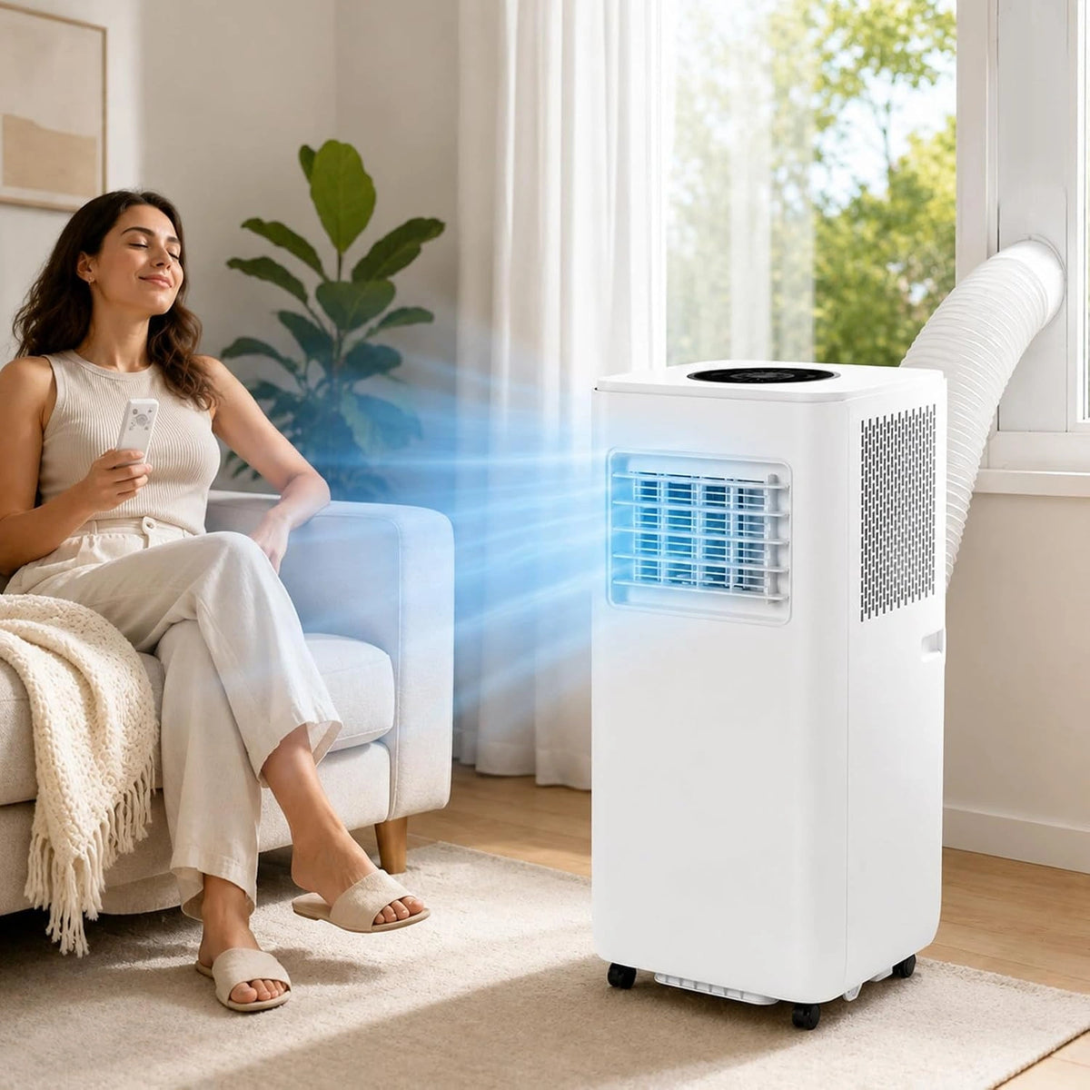 Mobiele Airco, 13.000 BTU-Unit met Afstandsbediening en Raamkit, Koelt tot Ca. 22 M² (geschikt voor Slaapkamers), 24-Uurstimer 4000W, beige