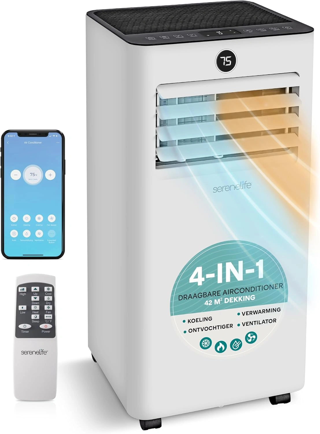 SereneLife airconditioner, Mobiele Airco, Wi-Fi, Geluidloze Koeling, Draagbaar, Koelen, Ontvochtigen & Ventilator, 24-Uur Timer & Raaminstallatie Kit