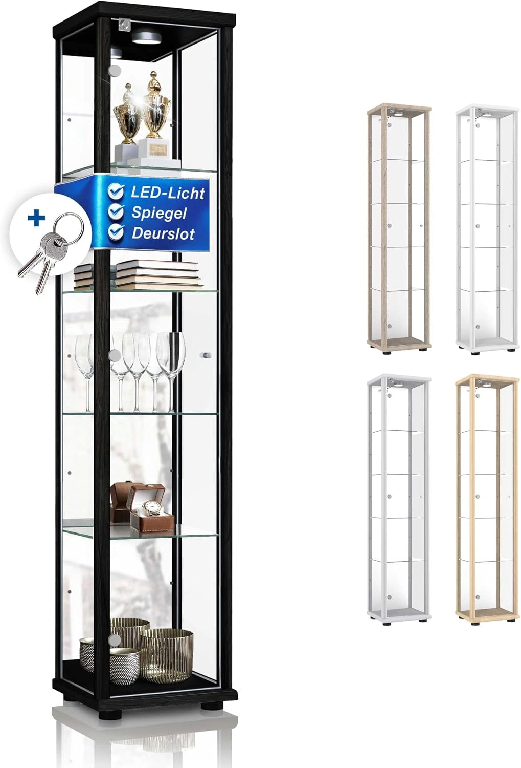 Glazen vitrinekast in zwart (176x37x33cm) met 4 in hoogte verstelbare glazen leggers, spiegel, slot, LED, Modelauto Verzamelaars vitrinekast