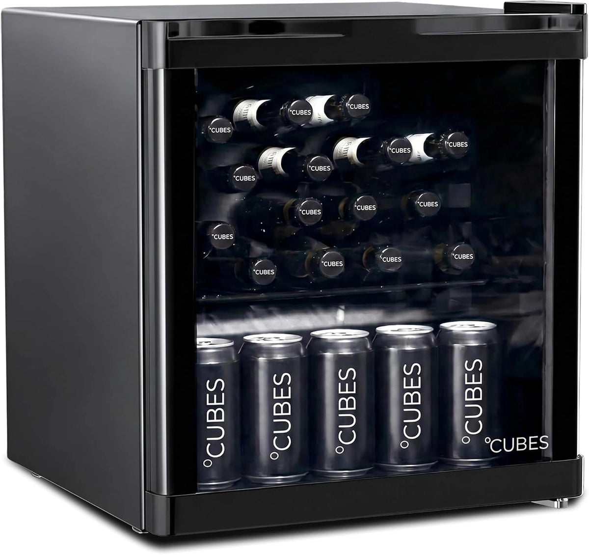 °CUBES Mini-koelkast, 48 l, zwart, elegante drankkoelkast met glazen deur en 1 variabele plank, stil en energiezuinig (39 dB), perfect voor kantoor