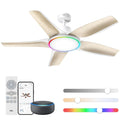 DREO Slimme plafondventilator met laag profiel met licht 132 cm, dimbare led met instelbare kleurtemperatuur, RGB-sfeerverlichting, stille DC-motor