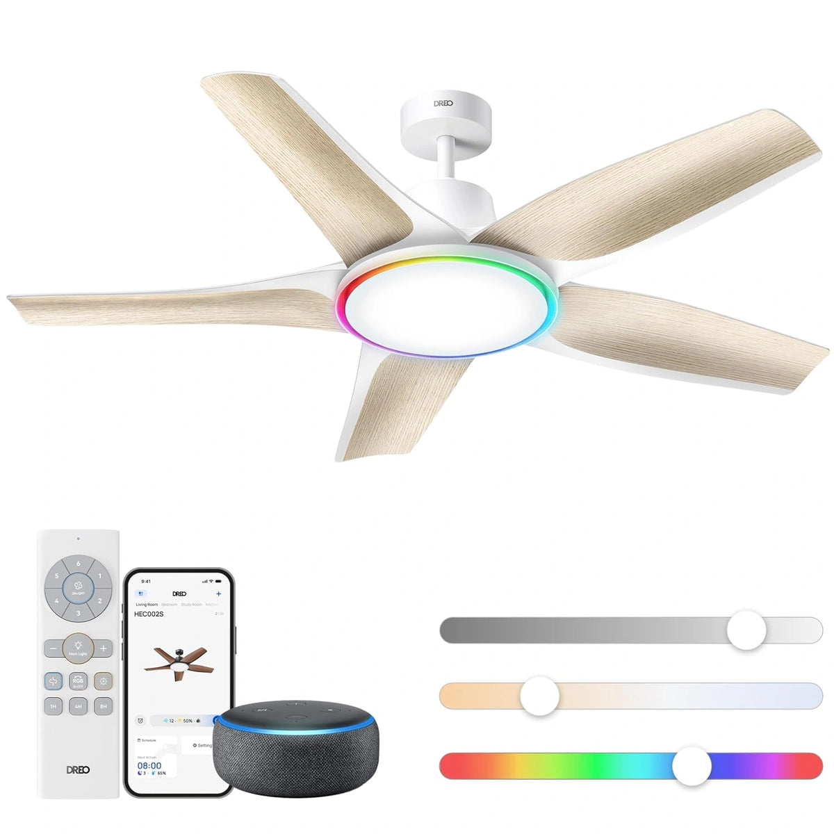 DREO Slimme plafondventilator met laag profiel met licht 132 cm, dimbare led met instelbare kleurtemperatuur, RGB-sfeerverlichting, stille DC-motor