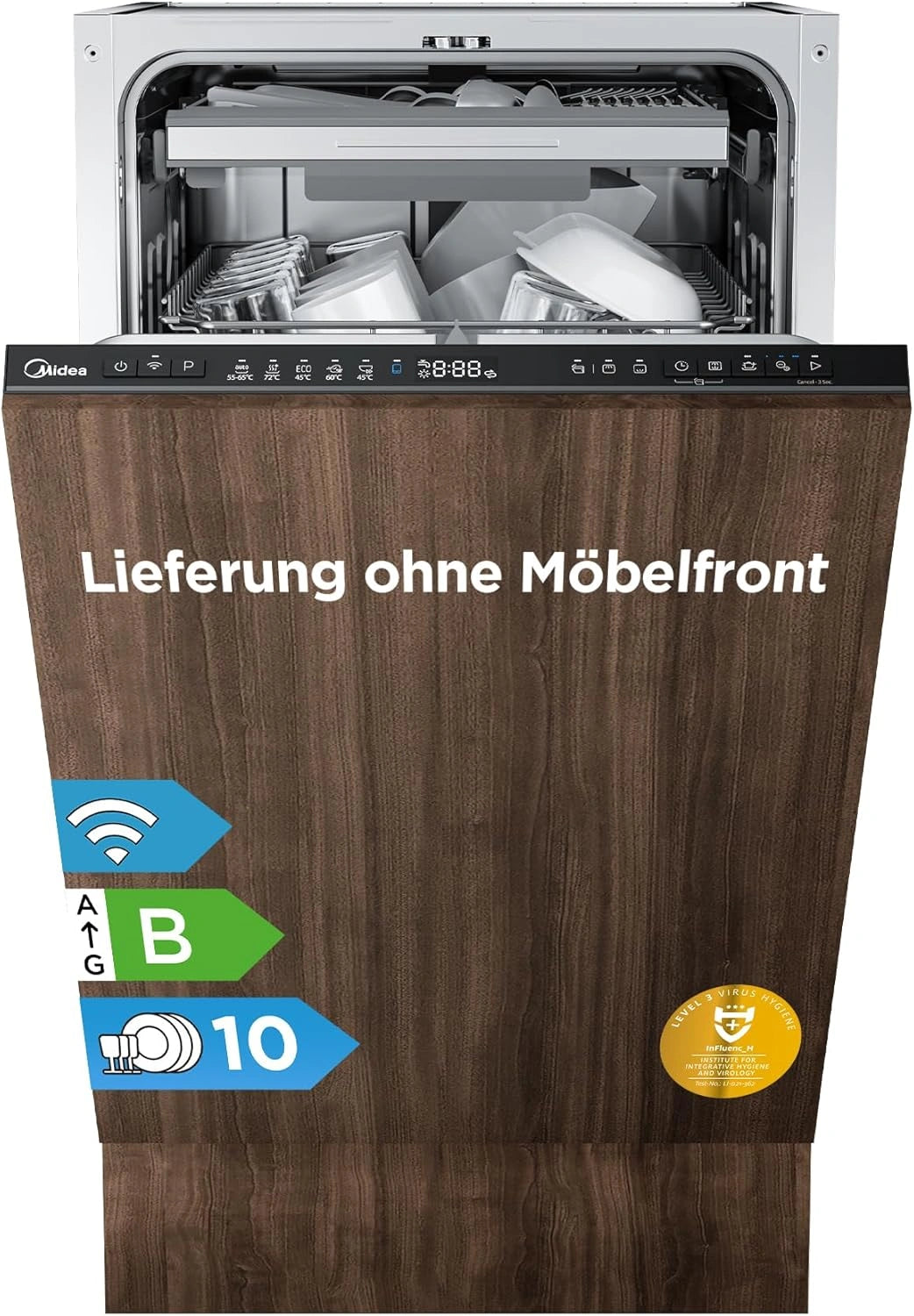Midea Vaatwasser, 45 cm, volledig geïntegreerd, 10 couverts, B-klasse, automatische open, Ion Dishfresh, HygieneCare+, 42dB extra stil