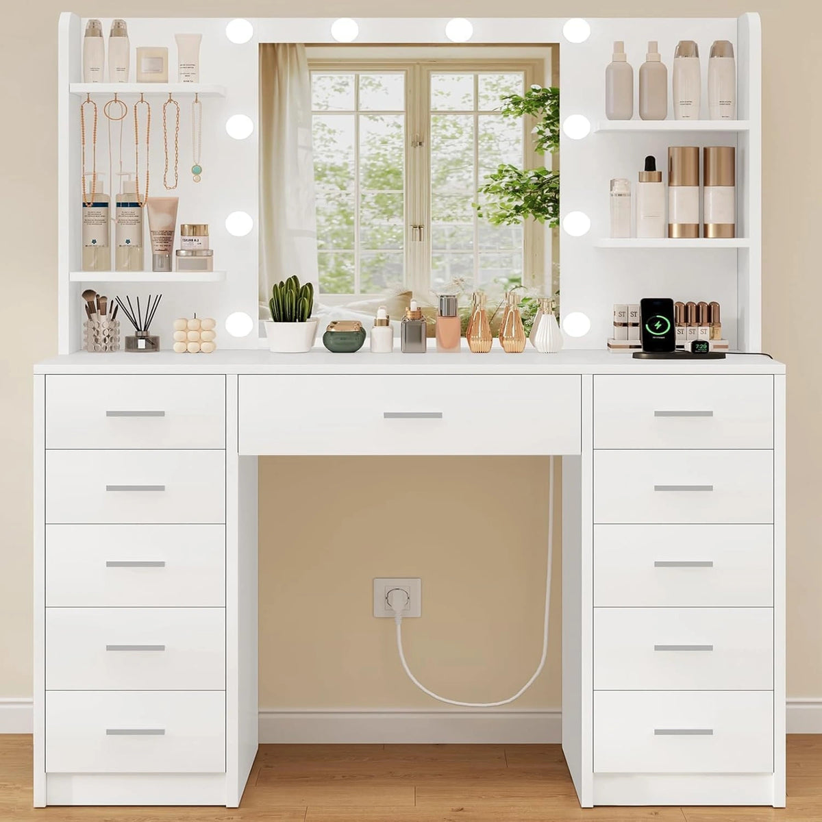 TEENFON Grote kaptafel met LED-verlichting en stopcontacten, kaptafel met spiegel, 4 open legplanken en 5 sieradenhaken voor de slaapkamer, wit