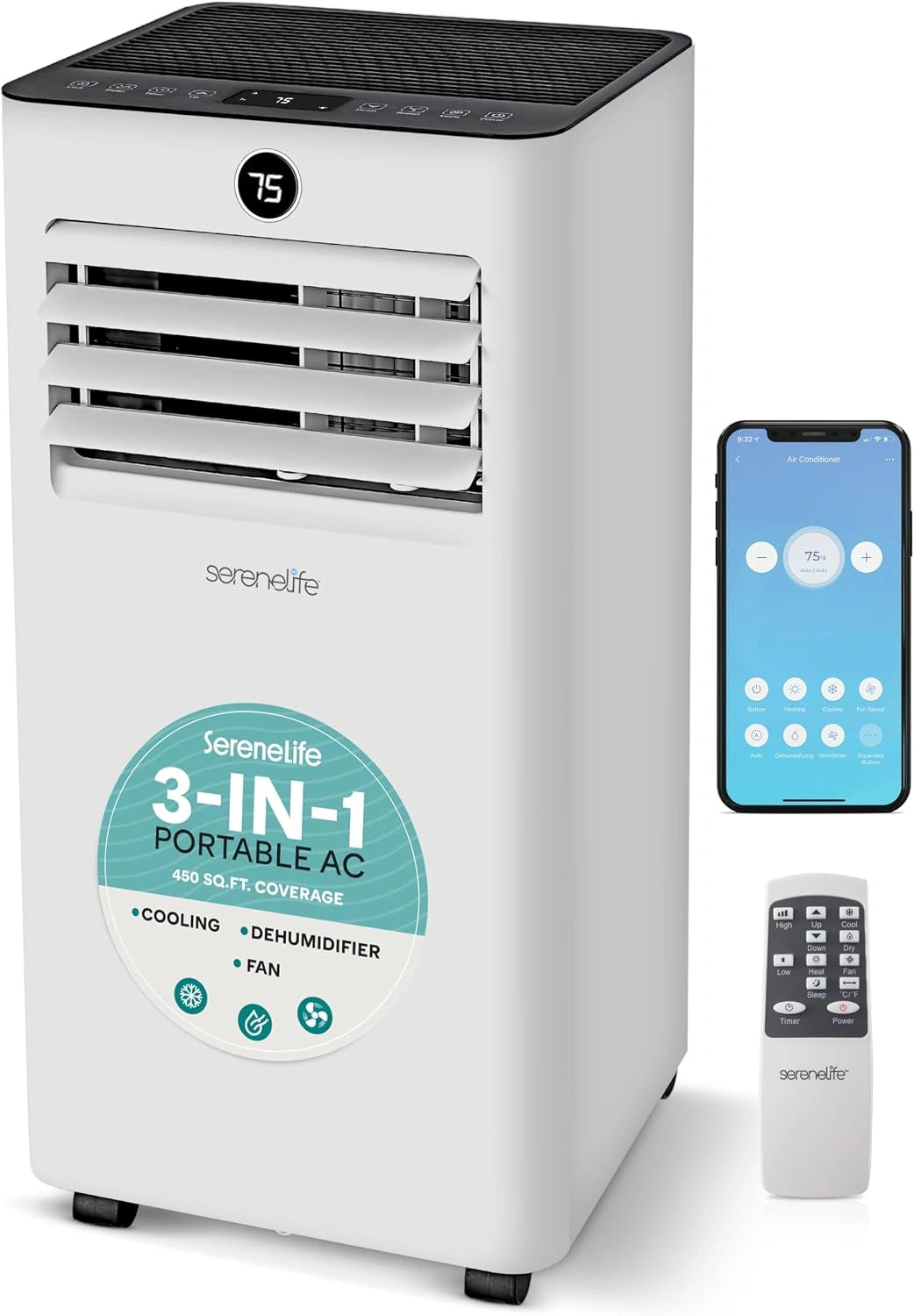 SereneLife, Draagbare airconditioner met 10.000 BTU met wifi-bediening, 3-in-1 koeling, luchtontvochtiger en ventilator
