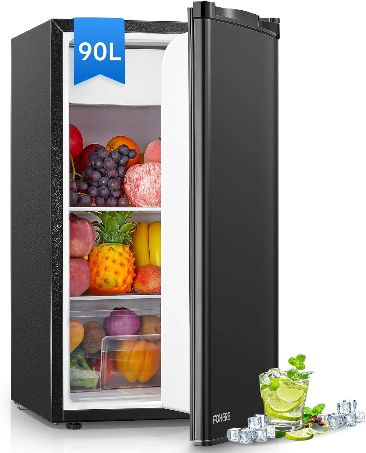 FOHERE Kleine koelkast met vriesvak van 90 liter, groentebak, verstelbare thermostaat, stil, kleine kantoorkoelkast, omkeerbare deur