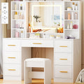 ANWBROAD Grote Make-up Kaptafel met Verstelbare LED Verlichting in 3 Kleuren en Stopcontacten Moderne Witte Kaptafel met Spiegel en Kruk 7 Laden 4