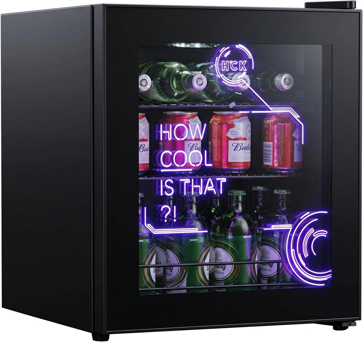 HCK Cyberpunk-mini-bierkoelkast met glazen deur, 48 liter, 39 dB, met moderne ledverlichting, drankkoelkast, gaming-koelkast