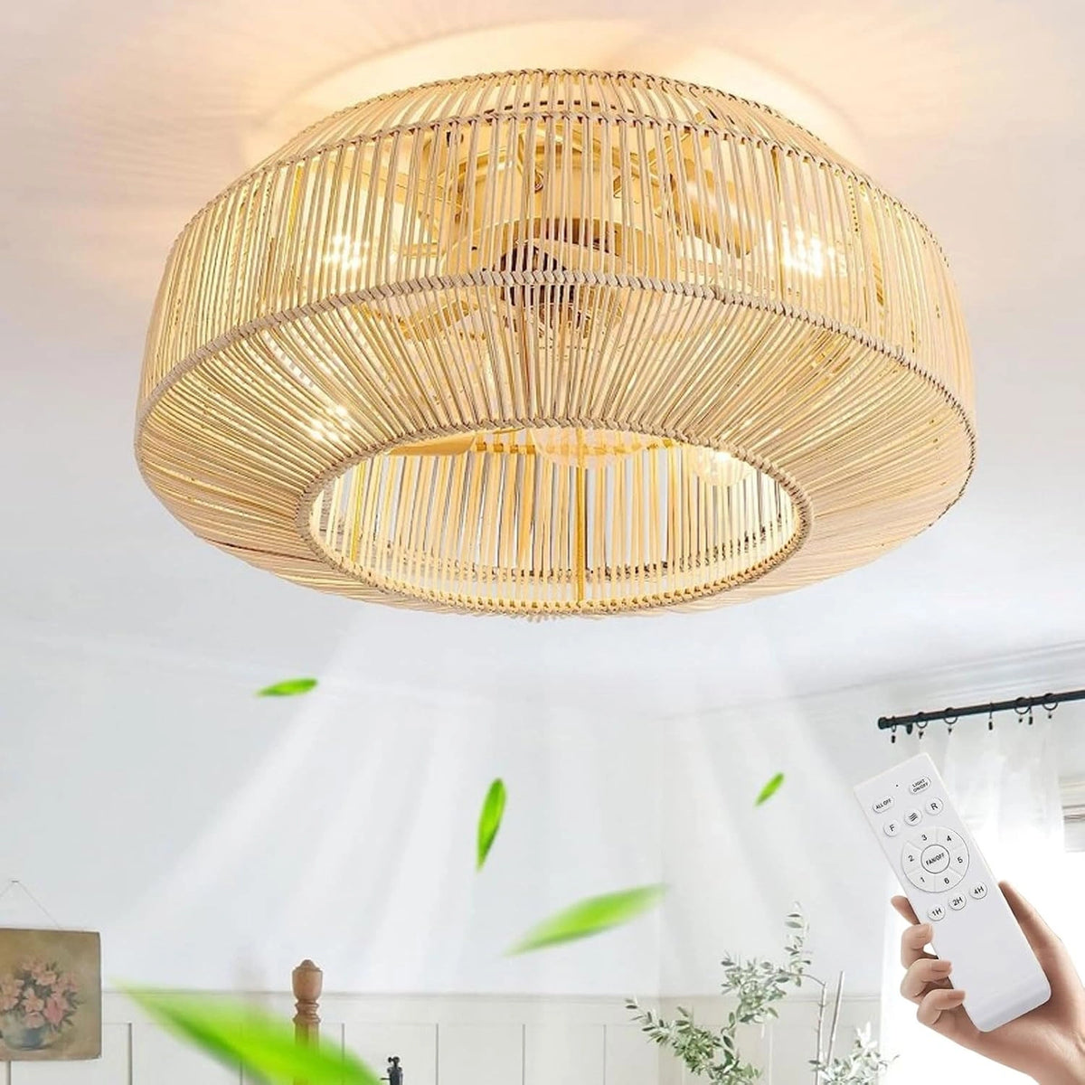 Plafondventilator Met Verlichting E27 Retro Rotan En Bamboe Plafondventilator Met Afstandsbediening Stille Plafondlamp Met Ventilator 6 Windsnelheden