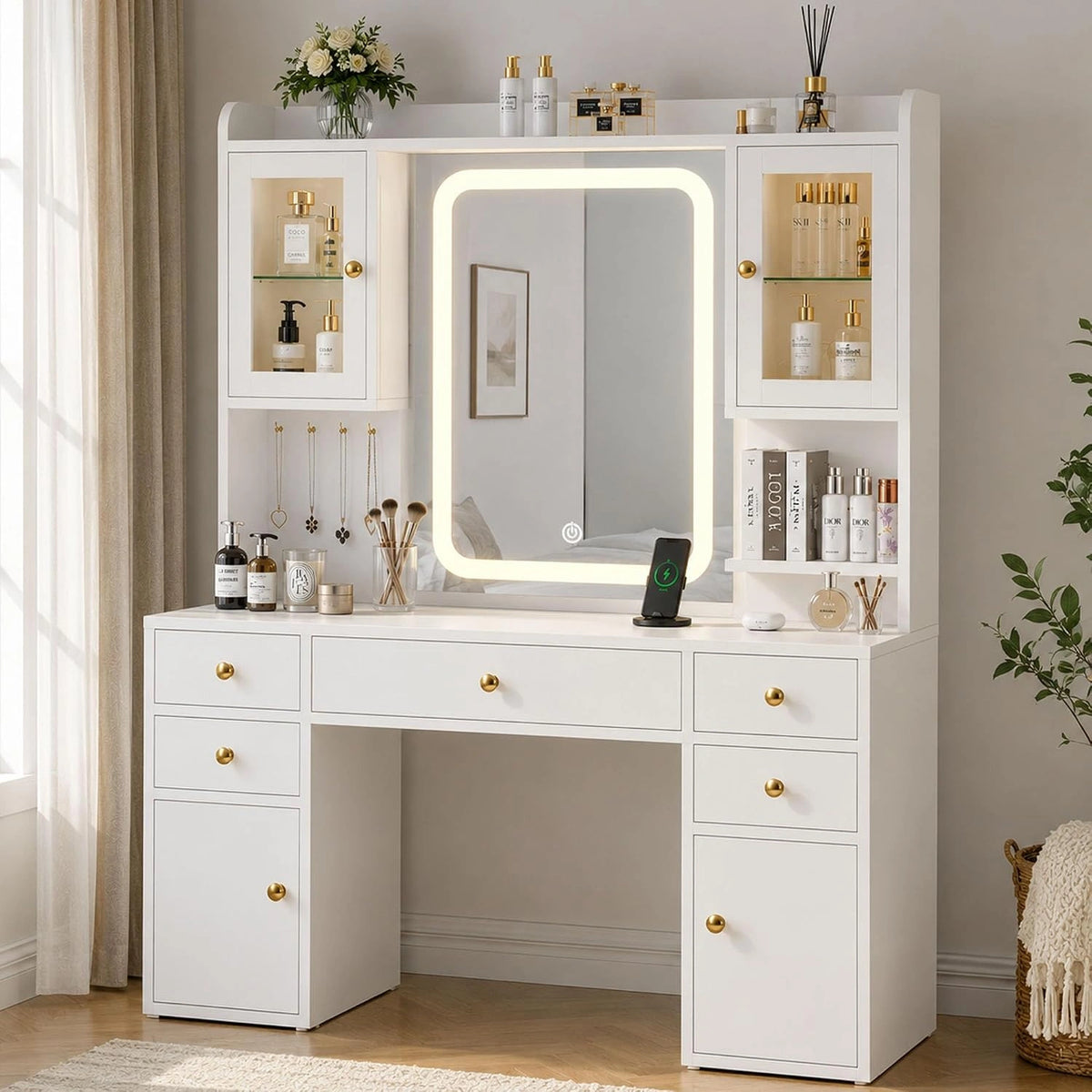 YOUDENOVA Grote Kaptafel met LED-spiegel, Kaptafel met 2 RGB-vitrines, Moderne Kaptafel met Opbergruimte, Make-uptafel met Stopcontact