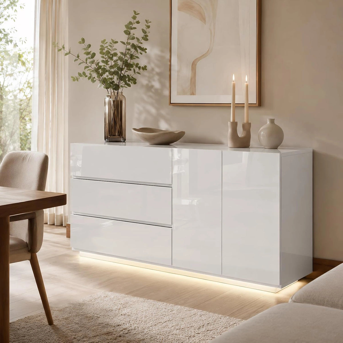 Commode wit hoogglans, dressoir modern met ledverlichting, 3 laden, 2 deuren, 160 cm breed, buffetkast, keukenkast, woonkamerkast voor slaapkamer