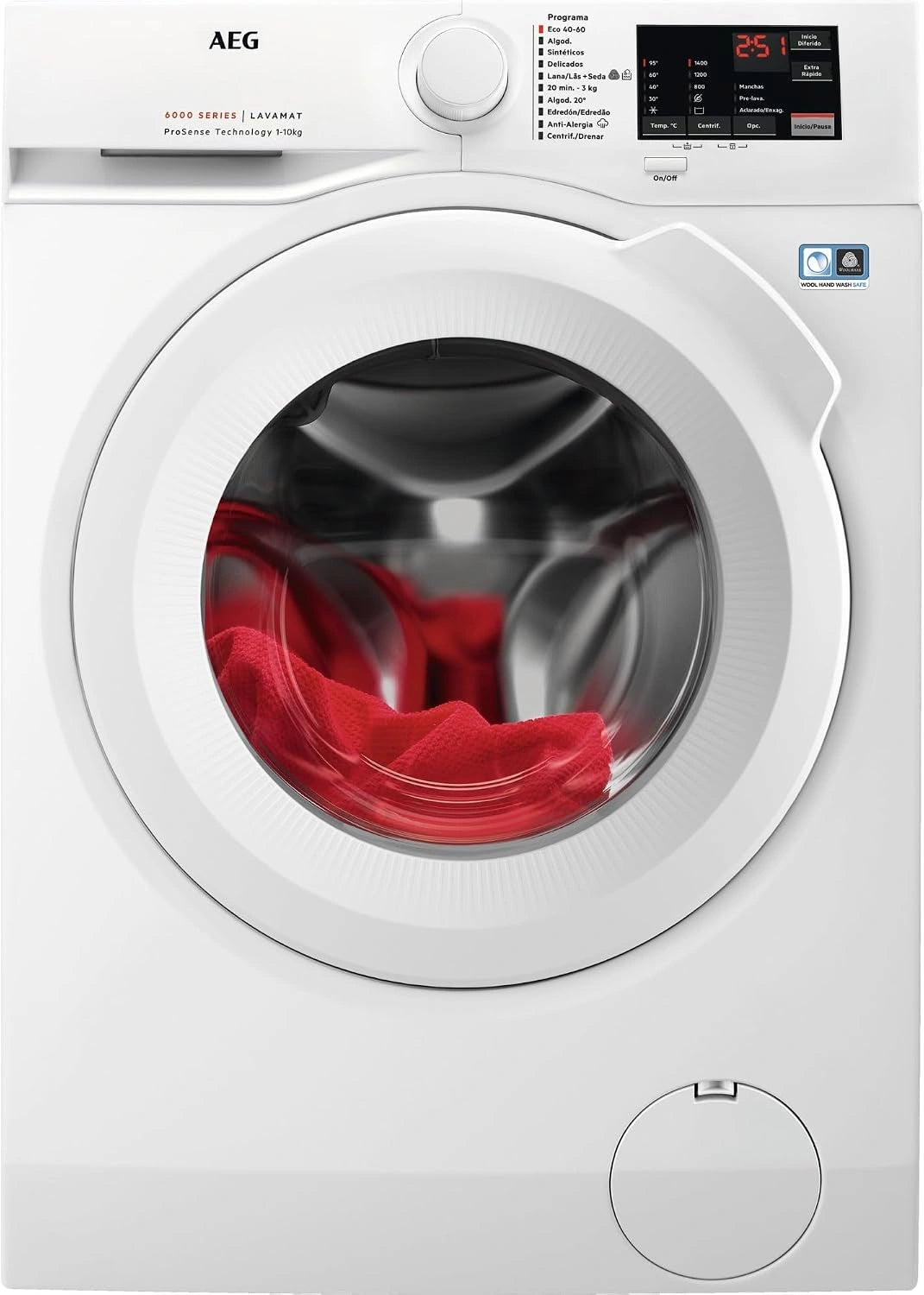 AEG L6FBI147P Vrijstaande wasmachine, voorlader, 10 kg/1400 omw/min, 6000 serie, inverter-motor, vertraagde start, bedieningspaneel wit, wit