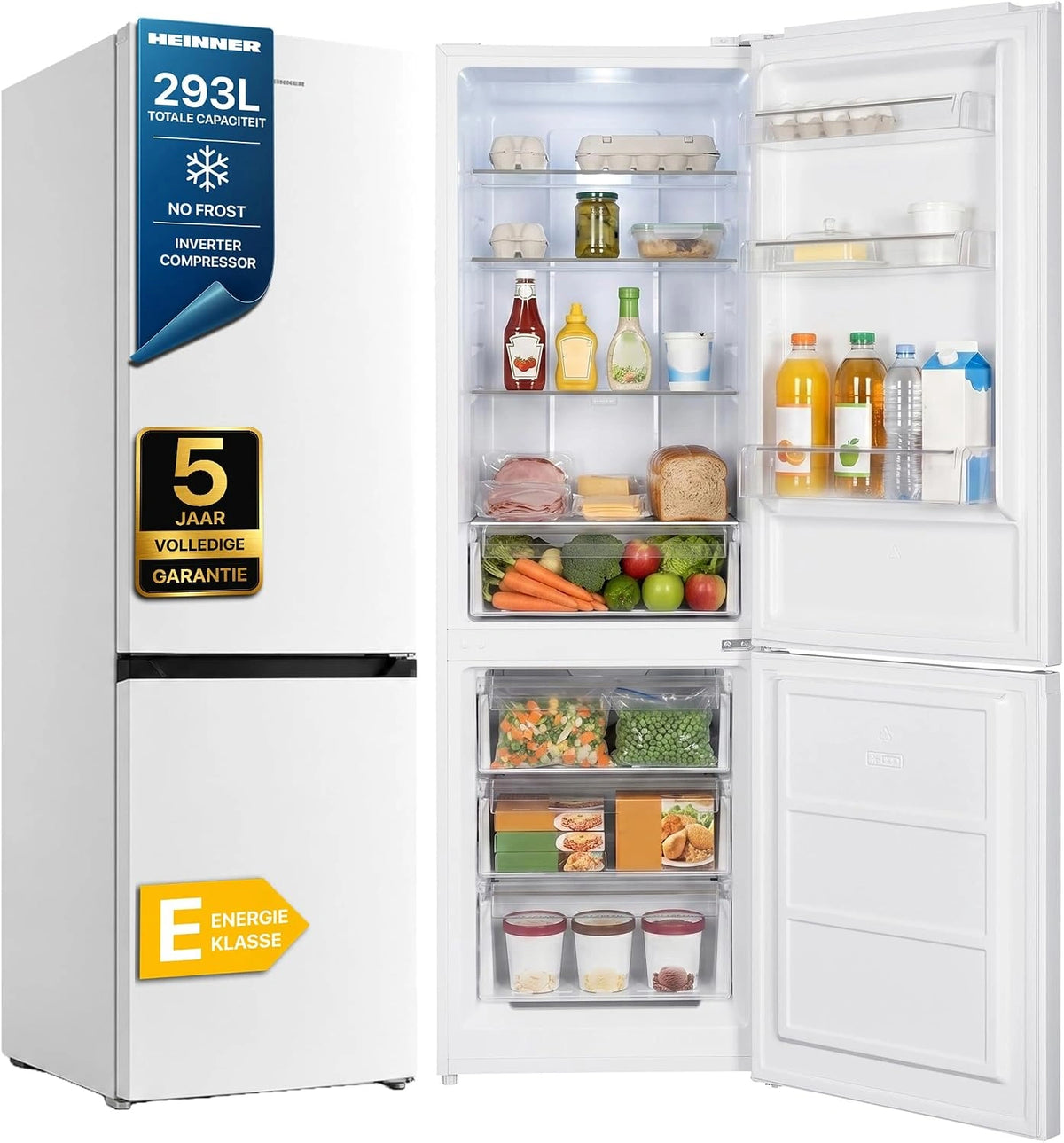 HCNF-HM293INVE++ Witte Vrijstaande Koel-Vriescombinatie 293 liter, vorstvrij, Inverter Compressor, Stil, Energieklasse E, LED Verlichting