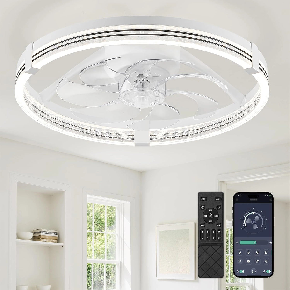 ZMISHIBO Plafondventilator met stil licht, dimbare led-plafondlamp, 3000 K-7000 K, 6 snelheden, omkeerbaar, app en afstandsbediening, timer