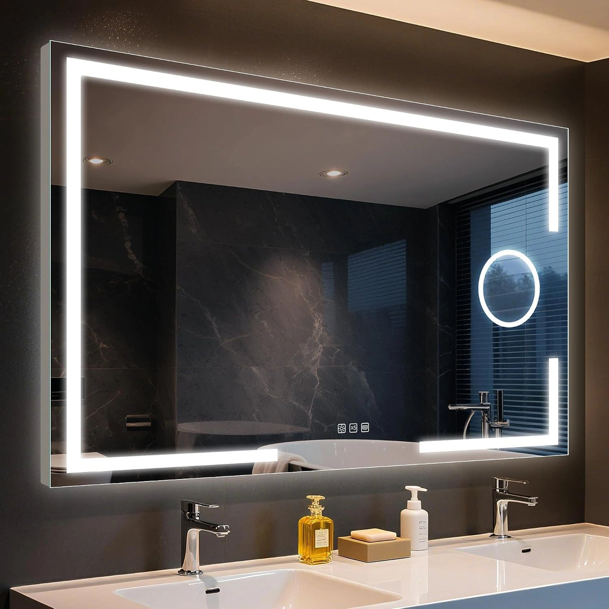 STARLEAD Badkamerspiegel met verlichting, 100 x 70 cm, vergrootglas (5x), met licht, 3 lichtkleuren, instelbare helderheid, ontwaseming, IP44, led