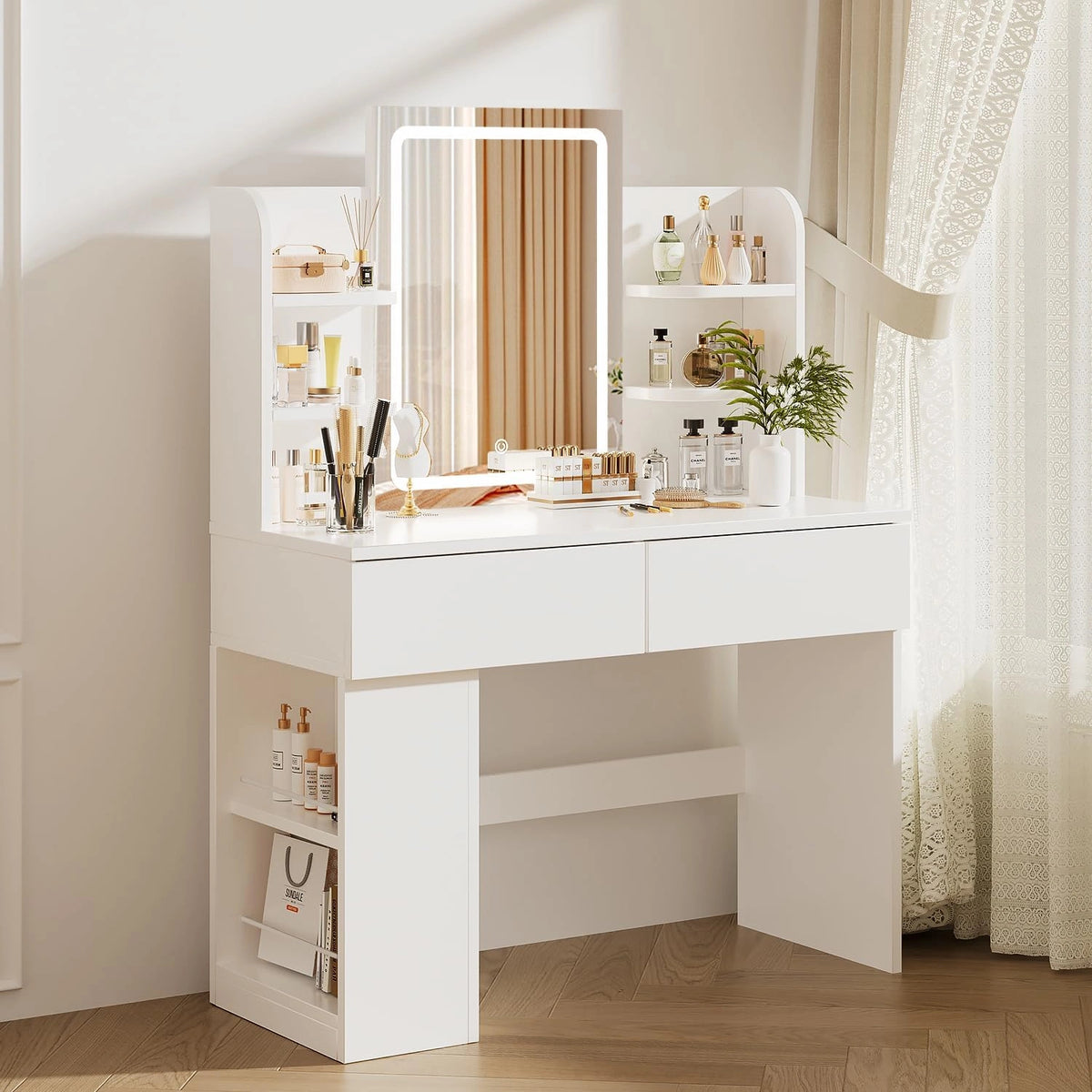 Airfish kaptafel met Verstelbare LED Verlichting en grote spiegel, Make-up Tafel met 2 grote laden, zijopslag, 4 open compartimenten
