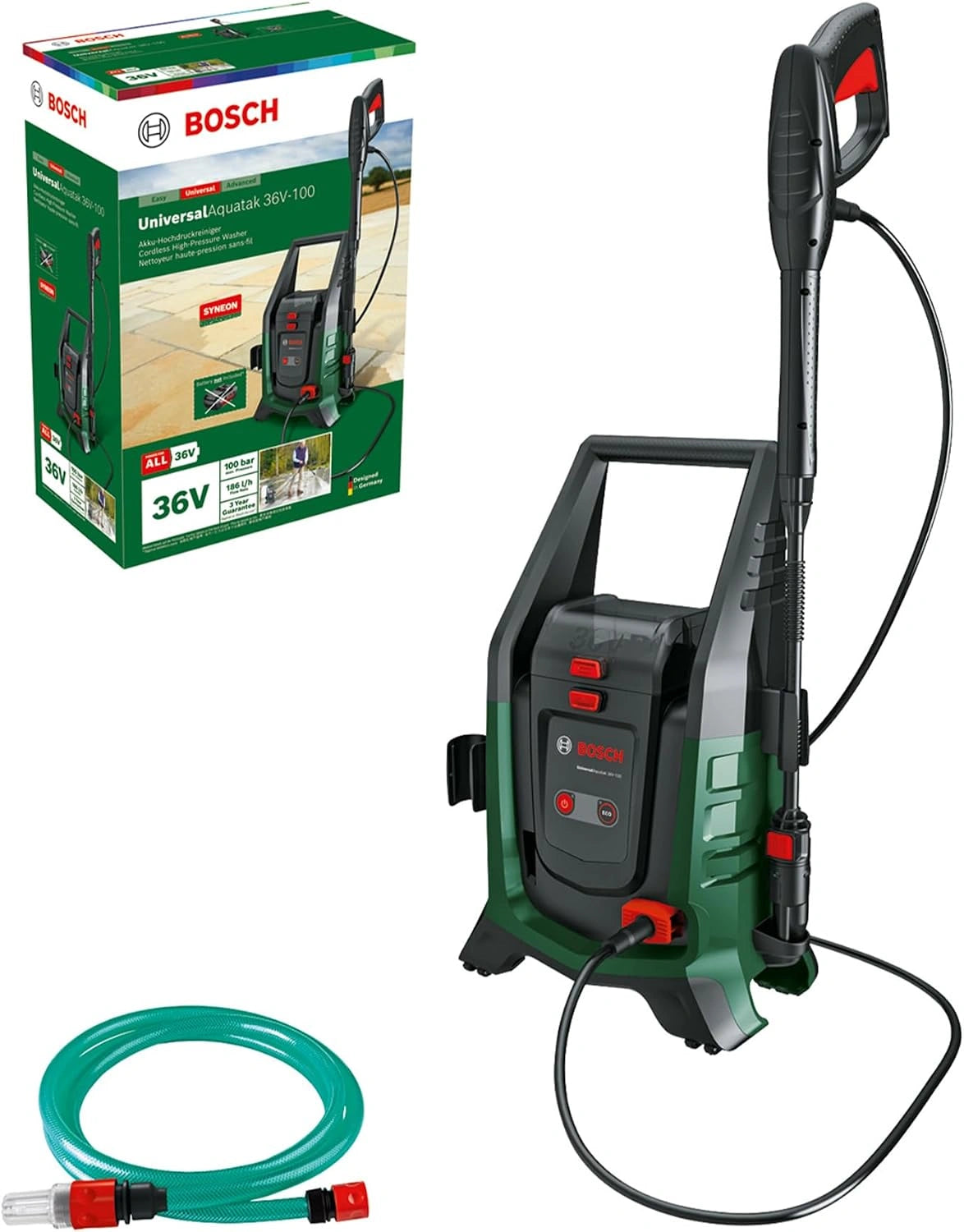Bosch Draadloze en mobiele hogedrukreinigerset UniversalAquatak 36V-100 (voor reiniging thuis of onderweg; 36 volt systeem; tot 45 minuten looptijd