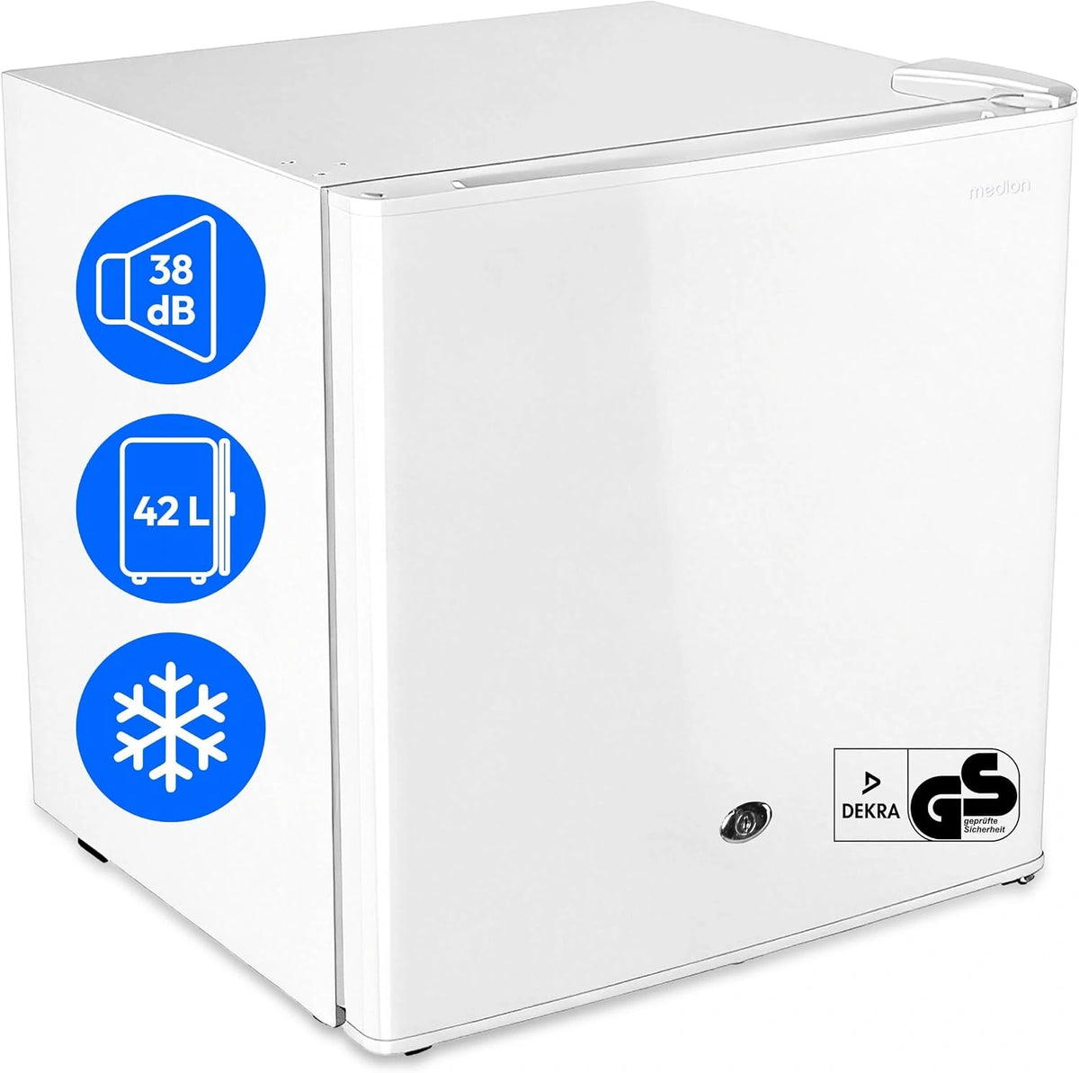 MEDION Mini koelkast met slot en vriesvak 42 L, stille kleine koelkast voor kantoor hotel minibar camping gaming, drank voedsel ijs, deur omkeerbaar