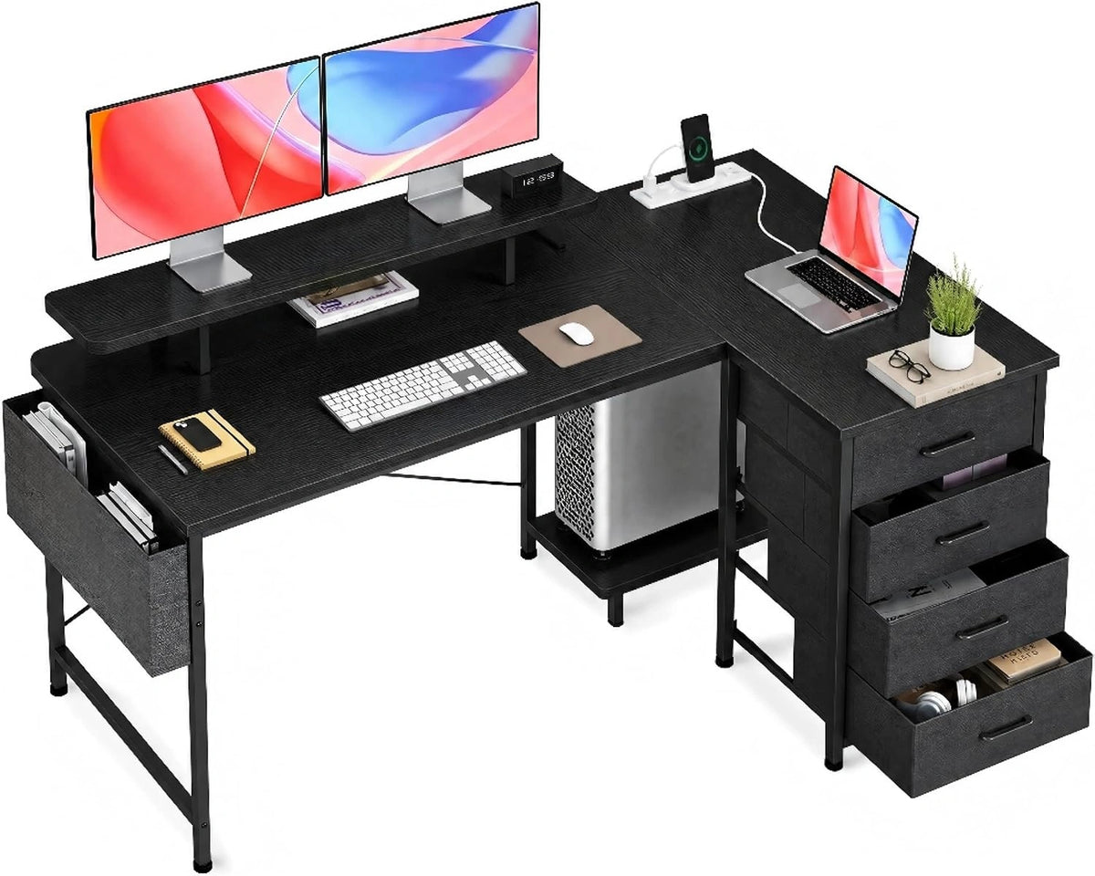 Claiks Hoekbureau met 4 stoffen laden, bureau L-vorm, omkeerbaar, met USB-oplaadpoort en stopcontact