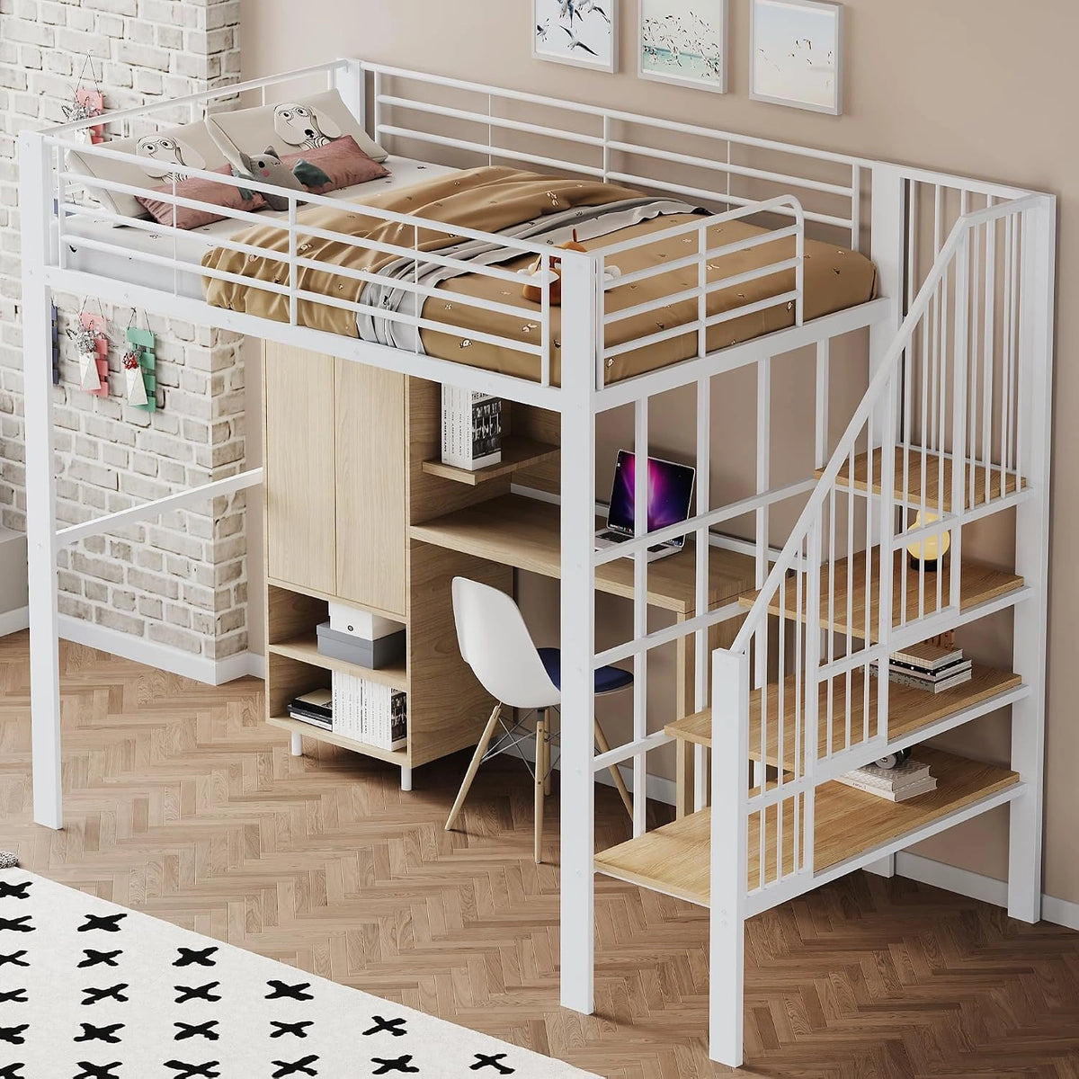 Zepneiy Hochbett Hochbett 140, 140 × 200 cm, Weiß