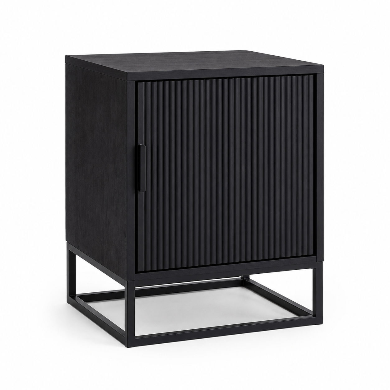 Nachttisch Schwarz mit geriffelter Front und Metallgestell 50x40 cm