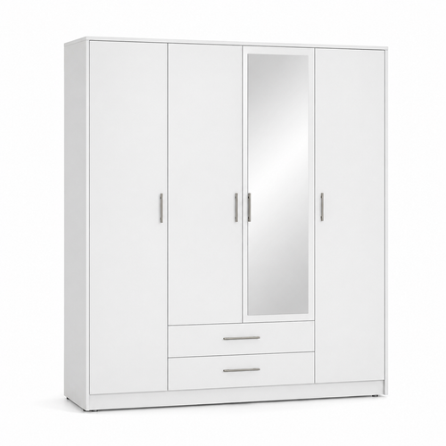 Drehtürenschrank Weiß mit Spiegel und Schubladen 180x210 cm