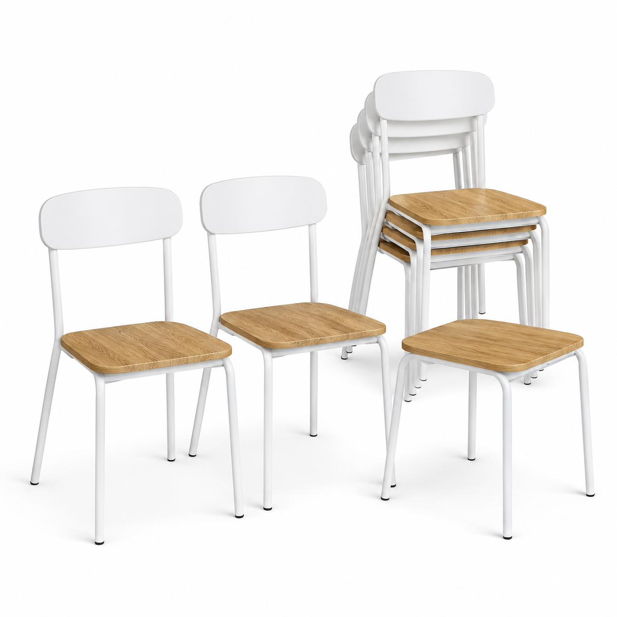 Stapelbarer Küchenstuhl Weiß mit Holzsitz 4er-Set